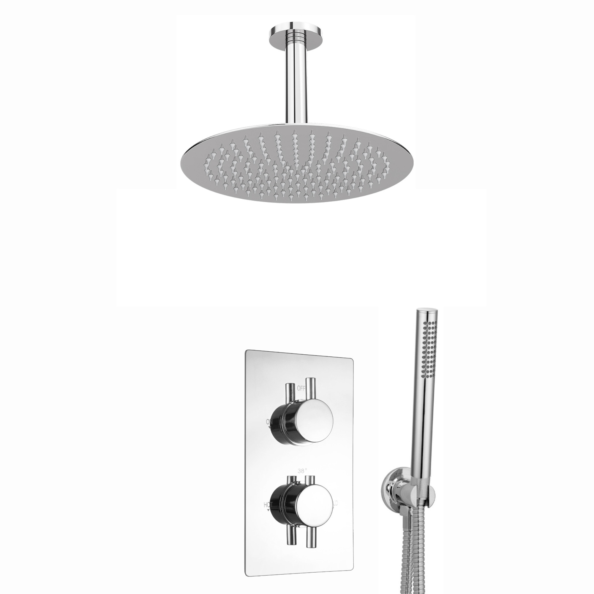 ENKI, Venice, SH0044, Contemporary Cross Concealed Thermostatic Shower Set Incl. Twin Valve, Ceiling Fixed 8" Shower Head, Handshower Kit - Chrome (2 Outlet) image